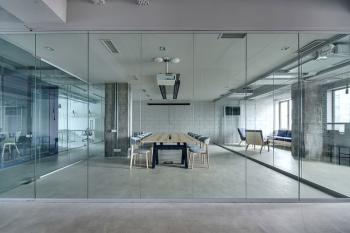 glass office, partitioned movable walls